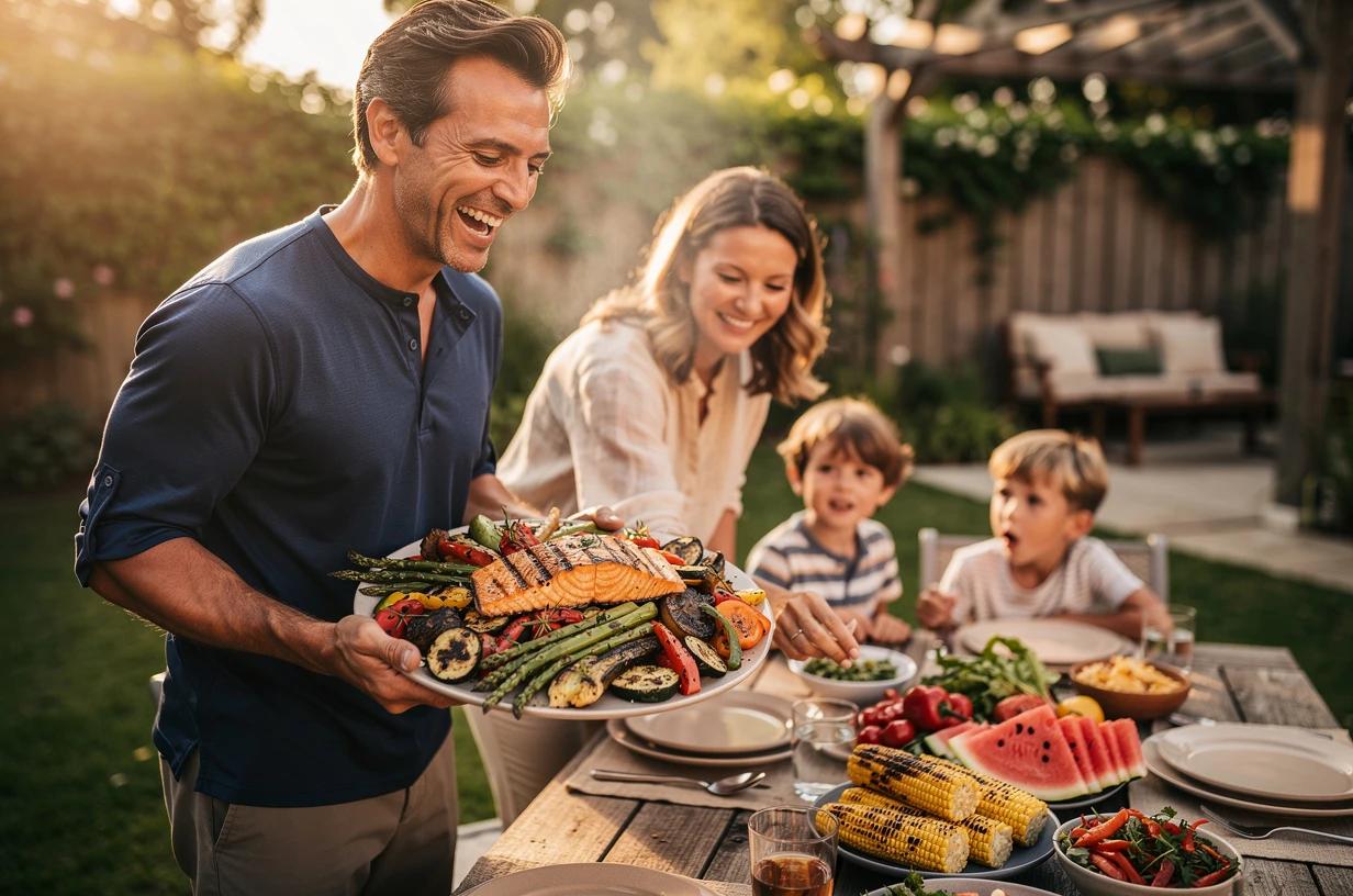 A fit man in his early 40s at a backyard grill, laughing and sharing a colorful plate of grilled vegetables and salmon with his family on a bright weekend afternoon.