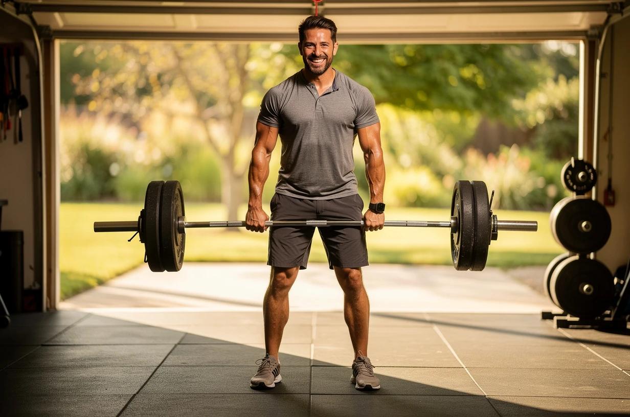 A energetic man in his early forties grins while lifting a barbell in a sunlit home garage gym, sweat on his brow and a focused, satisfied expression on his face.