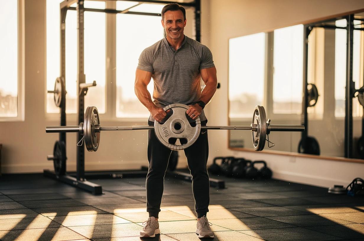 A fit, energetic man in his late 30s loads a barbell in a bright, well-equipped home gym, smiling as morning light comes through a window behind him.