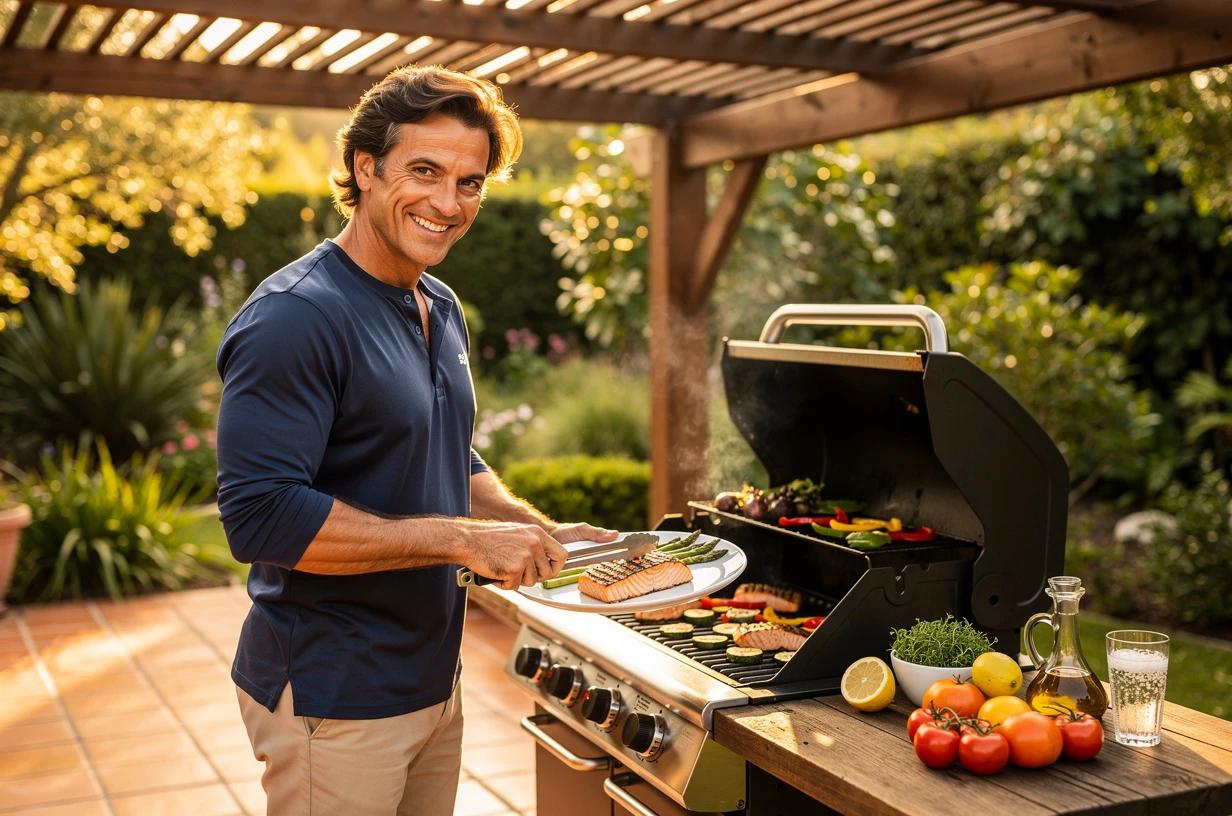 A fit, energetic man in his early 40s grilling salmon and vegetables outdoors on a sunny patio, smiling as he plates the food.