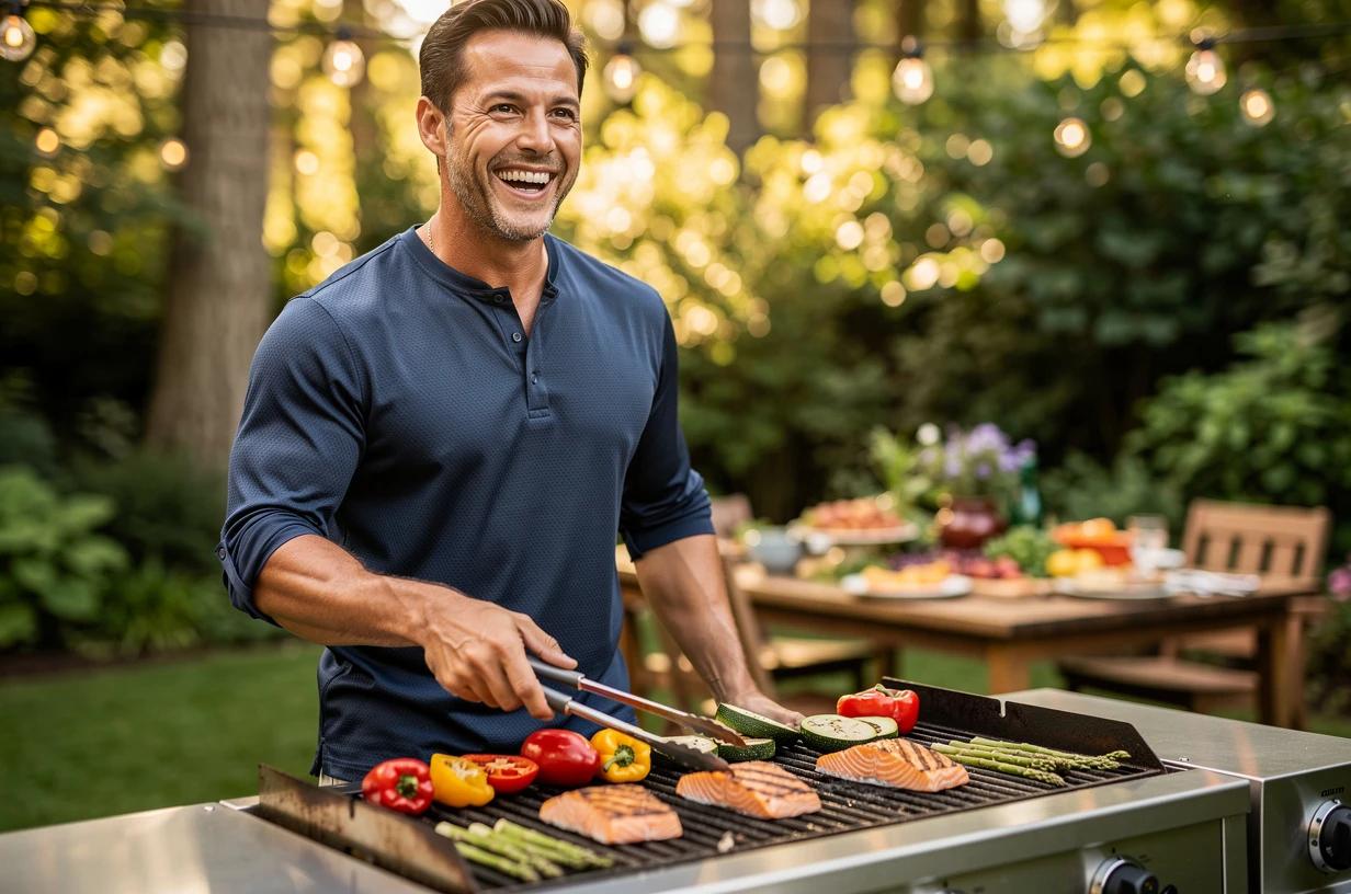 A fit man in his late 30s grilling outdoors at a backyard cookout, smiling and tending to the food with relaxed confidence.