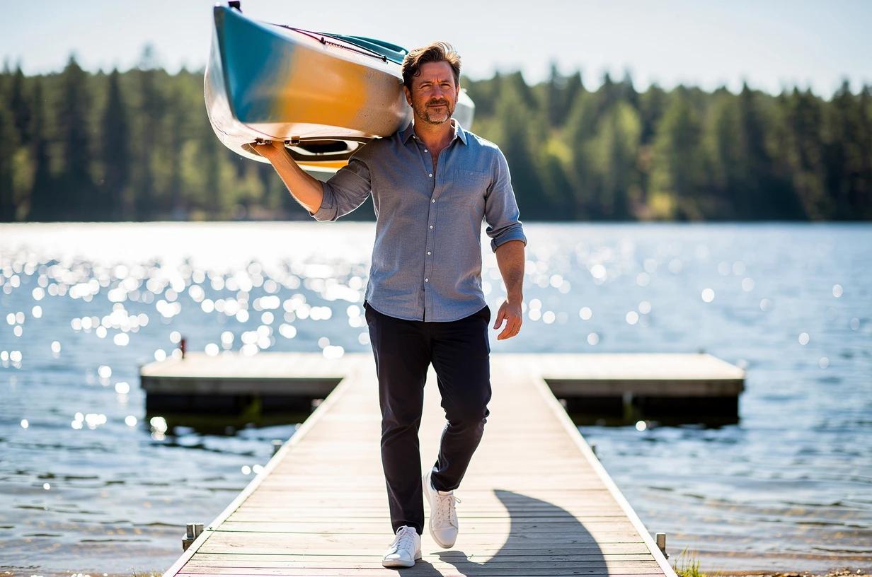A smiling man in his early 40s hoists a kayak onto his shoulder at a sun-drenched lakeside launch, water sparkling behind him.
