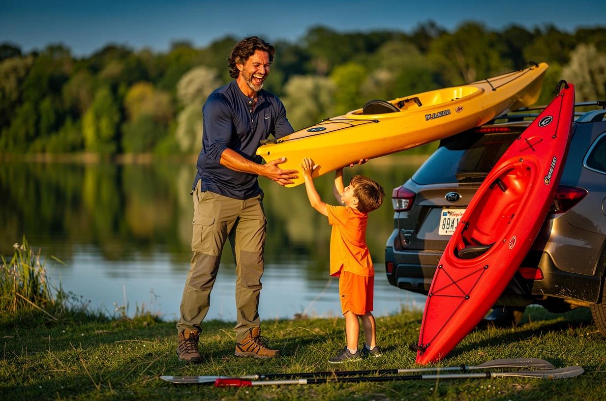 A man in his mid-30s laughs with his young son while loading kayaks onto the roof of an SUV at the edge of a calm lake on a clear morning.