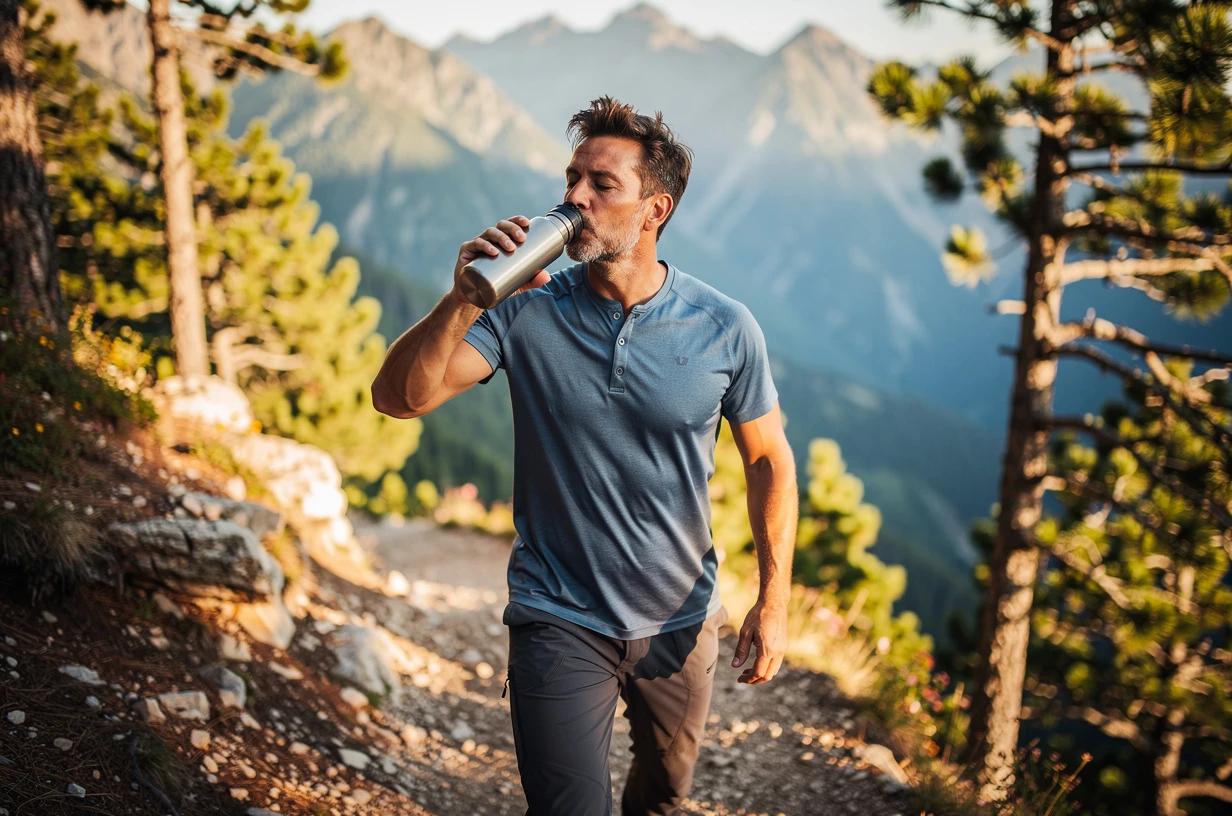 A fit man in his mid-40s in athletic gear pauses on a sun-lit hiking trail to drink from a stainless steel water bottle, mountains visible behind him.
