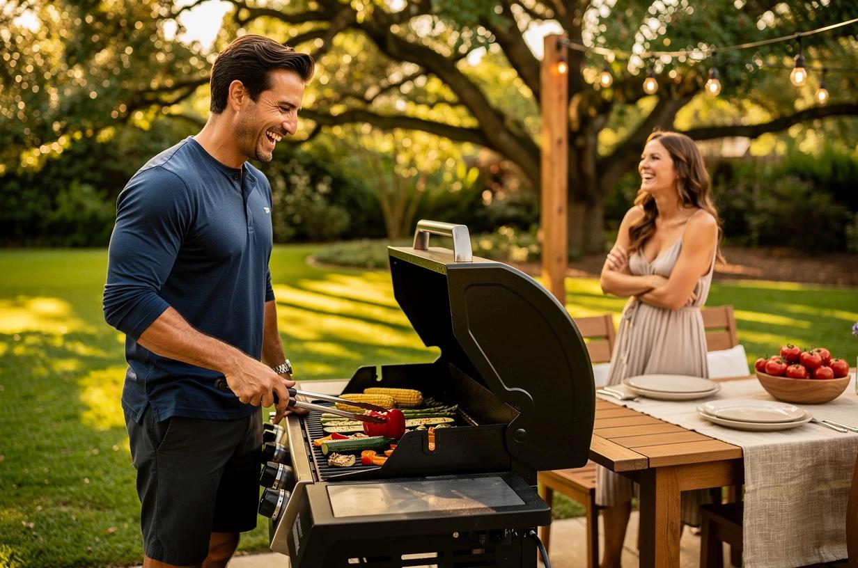 A fit man around 35 grilling vegetables and laughing with his partner at an outdoor backyard table, relaxed summer afternoon light.