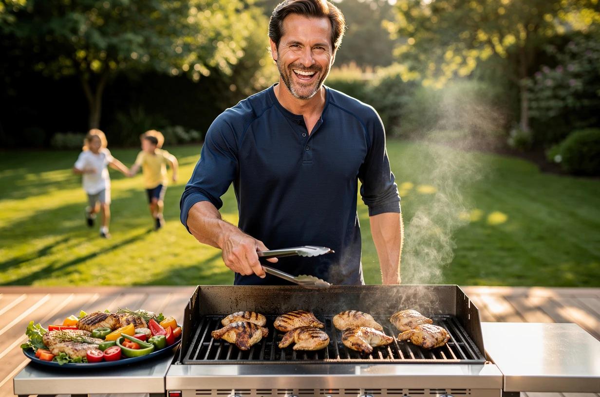 A fit man in his mid-40s grills chicken outdoors on a sunny deck while his kids play in the backyard behind him, laughing as he tends the grill.