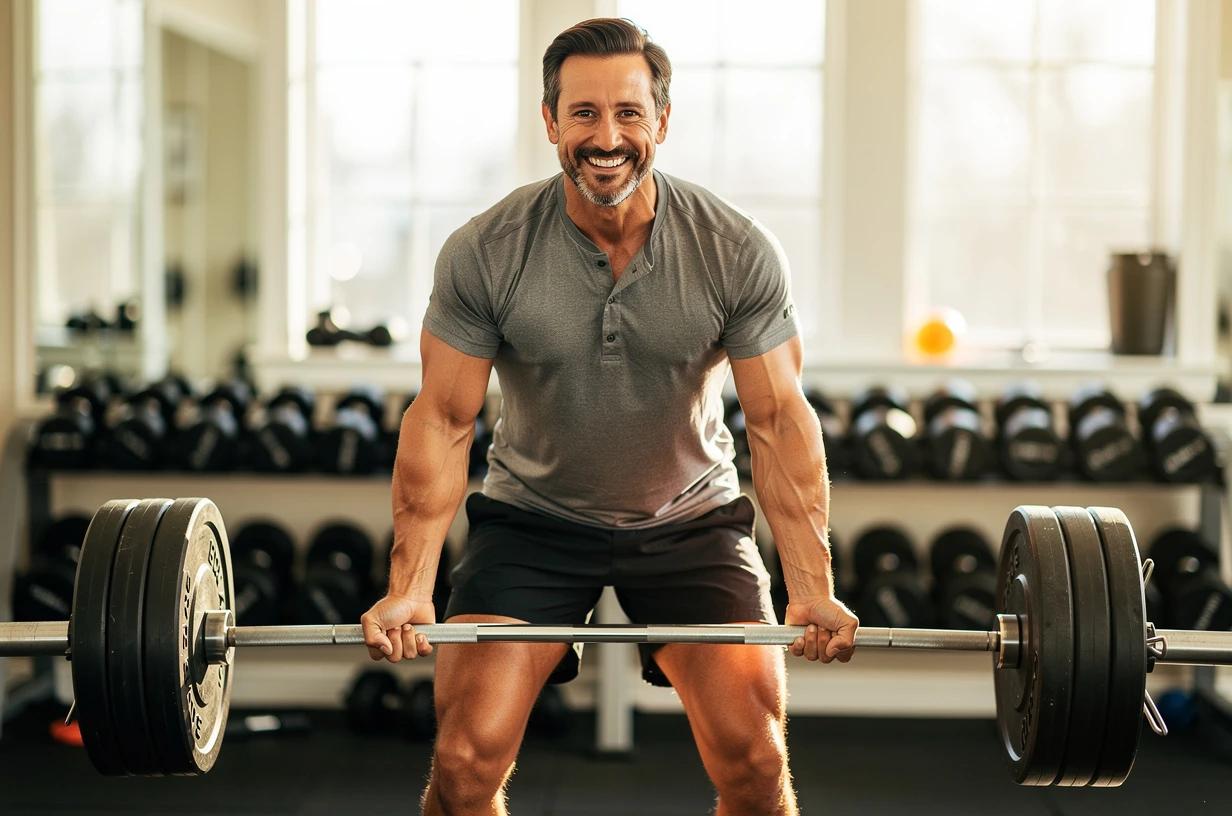 A fit man in his early 40s lifts a barbell in a bright, well-lit home gym, grinning as he completes a rep with energy and confidence.