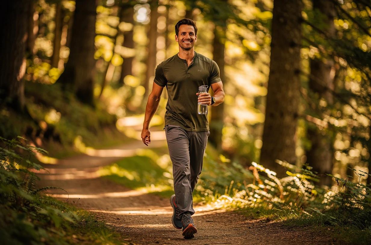 A fit man in his mid-30s hiking a scenic forested trail with a water bottle in hand, smiling as afternoon light filters through the trees.
