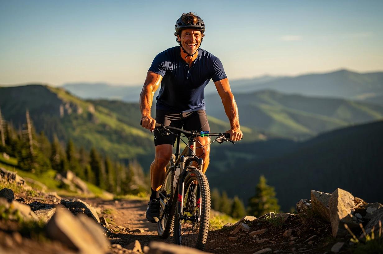 A happy, energetic man in his early 40s cycling on a sun-drenched mountain trail, grinning as he crests a hill with a panoramic valley behind him.