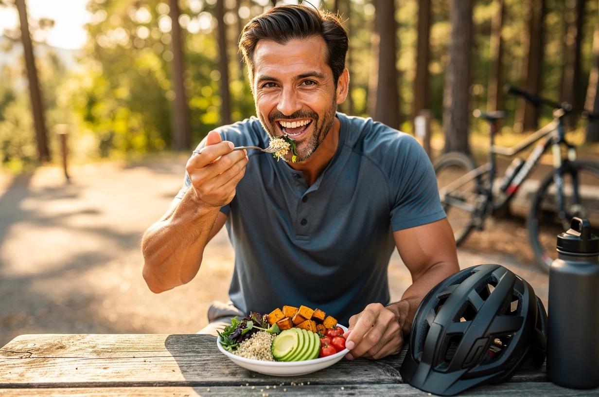 A smiling man in his late 30s eating a colorful grain bowl at a picnic table after a mountain bike ride, helmet resting beside him.