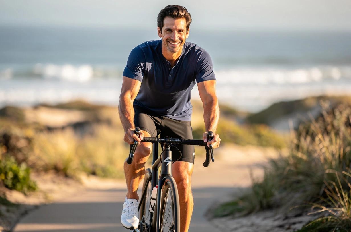 A happy, energetic man in his early 40s cycling along a sunlit coastal path, smiling as he pedals with both hands on the handlebars.