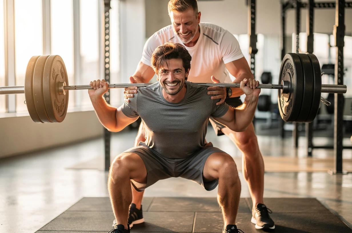 A focused man in his mid-30s does barbell squats in a bright, window-lit gym, grinning between reps as a training partner spots him.