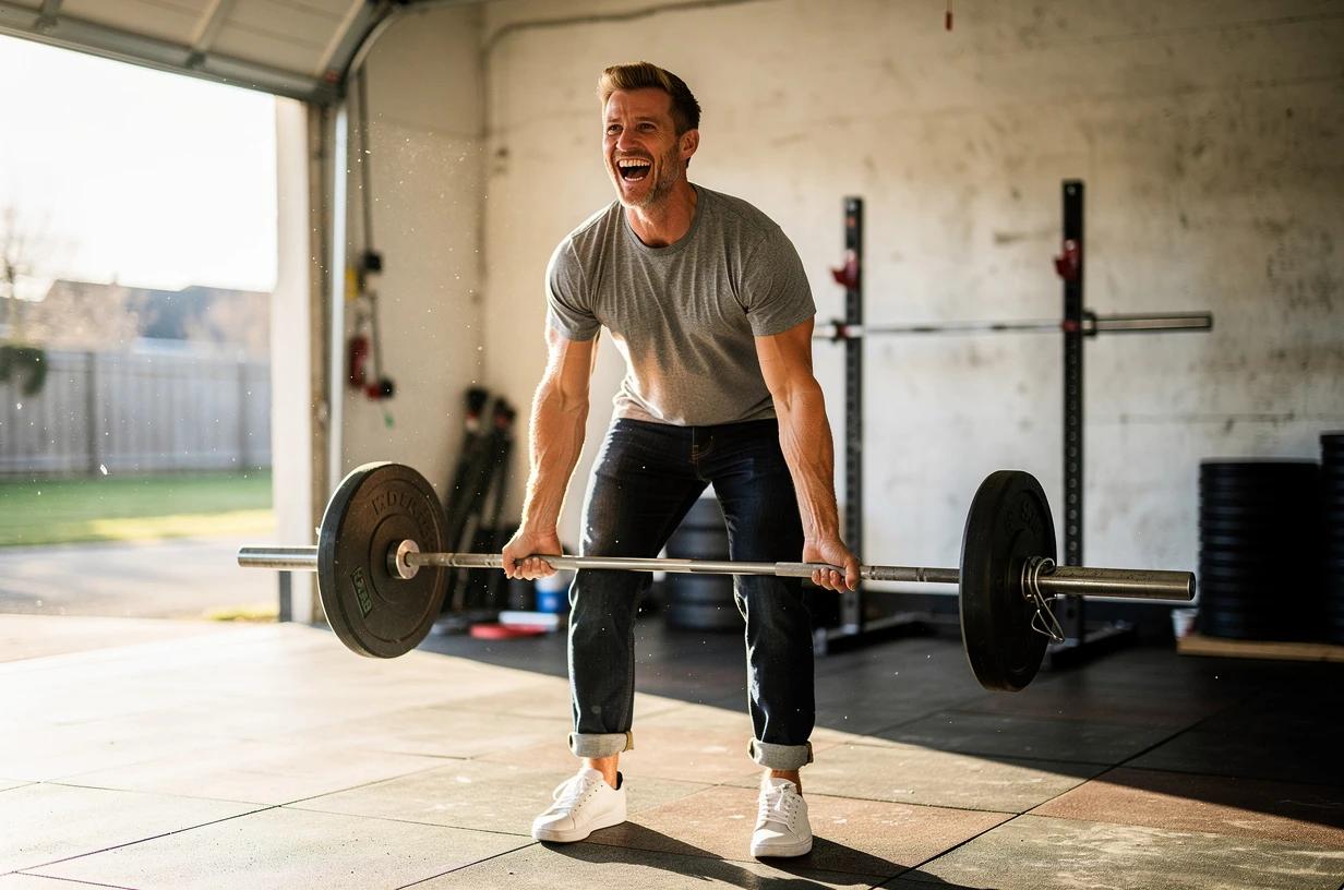 A man in his mid-30s lifts a barbell in a bright garage gym, mid-rep, focused and visibly enjoying the effort.