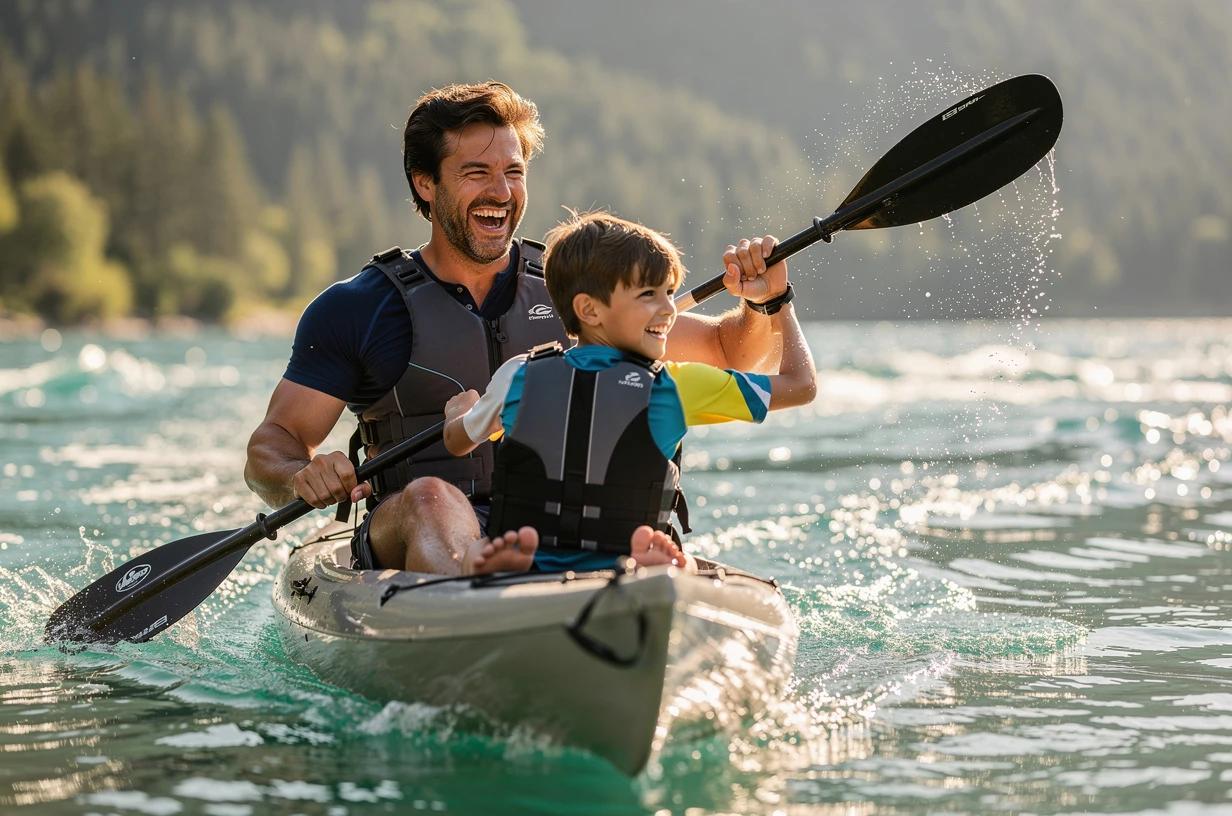 A energetic man in his late 30s laughing with his son while kayaking on a bright lake, both paddling hard through light rapids in the morning sun.