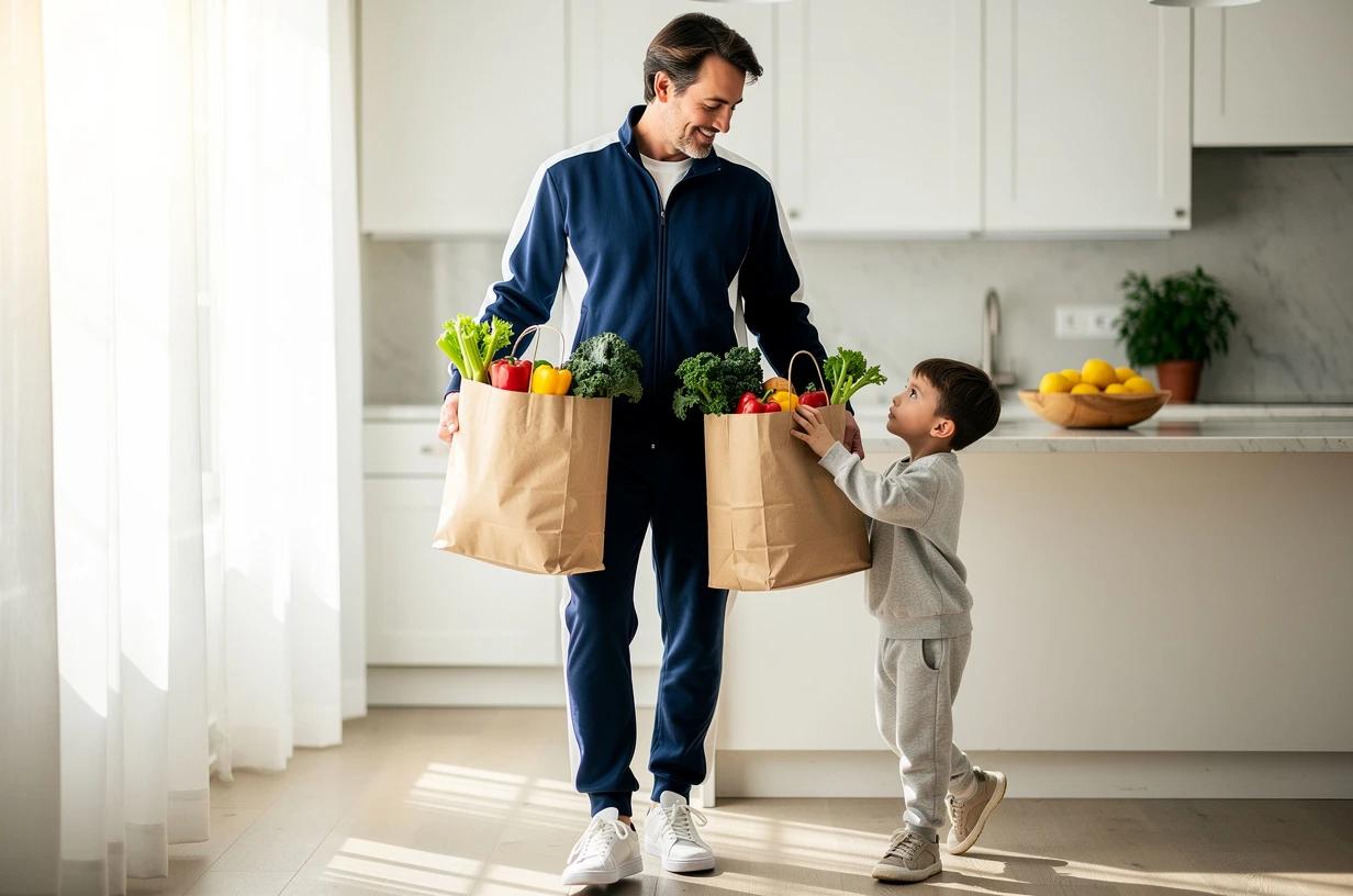 A fit, cheerful man in his mid-30s laughing with his young son while carrying loaded grocery bags into a bright kitchen, fresh vegetables visible at the top of the bag.