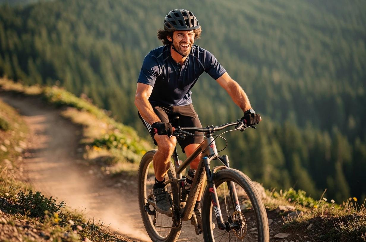 A happy, energetic man in his late 30s cycling on a sun-drenched mountain trail, grinning as he crests a hill with dense green forest behind him.
