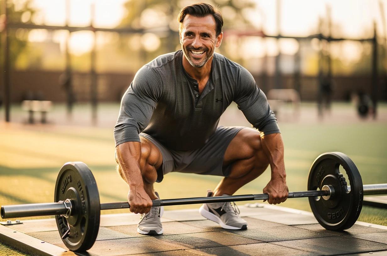 A fit man in his early 40s loading a barbell at an outdoor weightlifting platform, grinning as morning sunlight cuts across the turf.