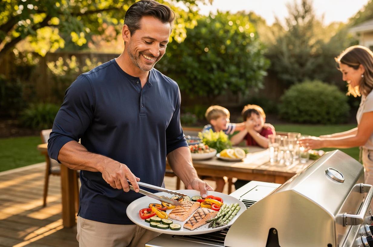 A happy man in his early 40s grills salmon and vegetables on a backyard deck, smiling as he plates food for his family at a sunlit outdoor table.