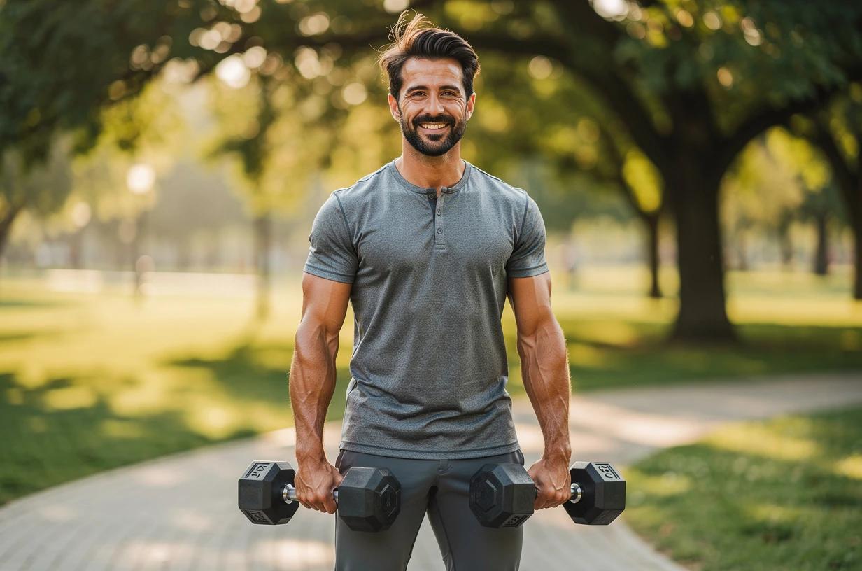A happy man in his early 40s lifting free weights outdoors in a sunlit park, smiling between sets.