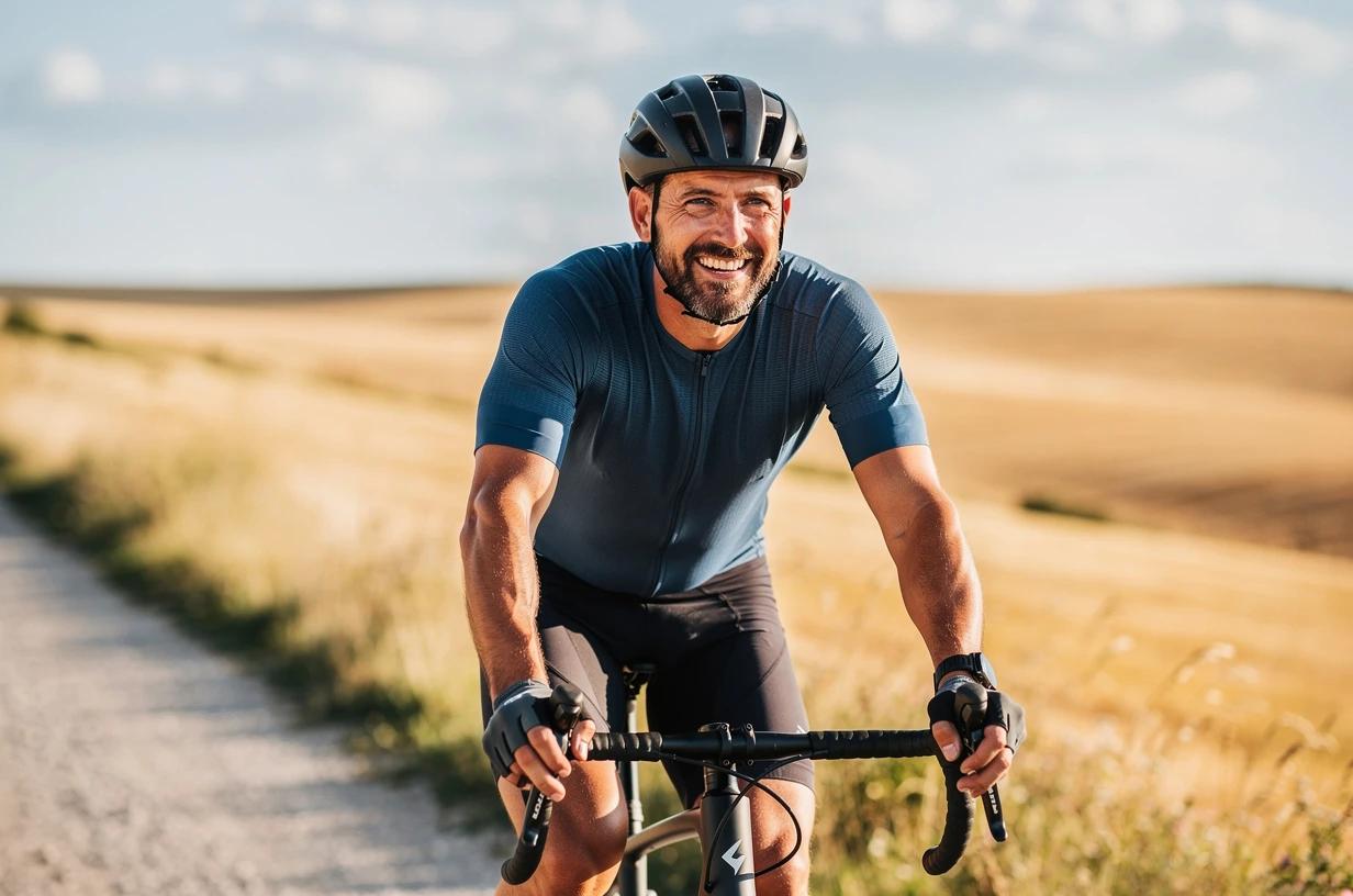 A happy man in his mid-40s cycling on a sun-drenched trail through open countryside, grinning as he crests a small hill.