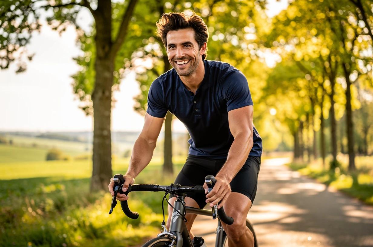 A fit, energetic man in his mid-30s cycles along a tree-lined trail on a bright morning, grinning as he pedals past open countryside.