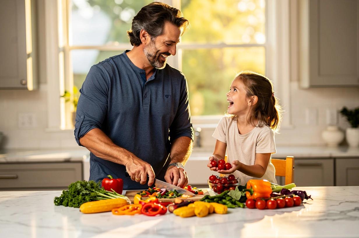 A smiling man in his early 40s in a bright kitchen prepares a colorful meal with his young daughter standing on a step stool beside him.