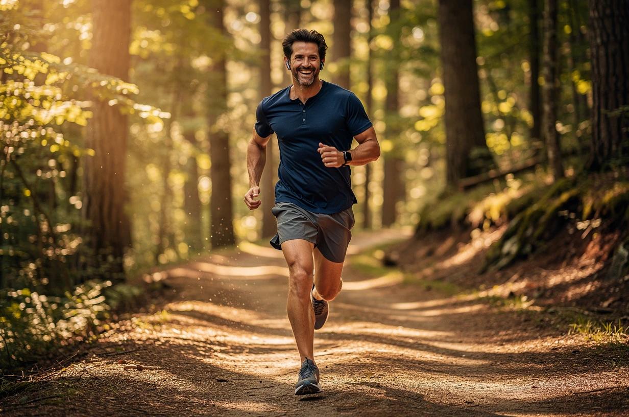 A happy man in his early 40s jogging on a sunlit forest trail, earbuds in, smiling broadly as he rounds a bend through tall trees.