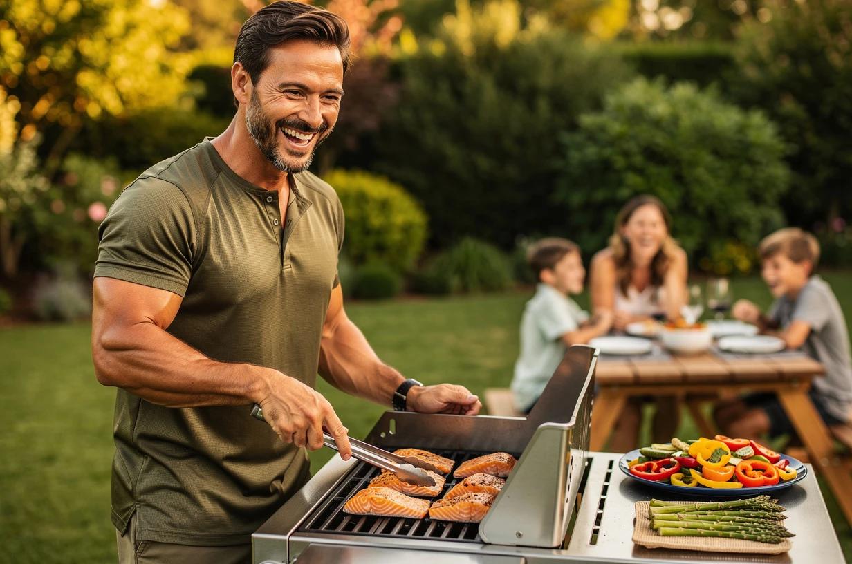 A happy man in his mid-40s grilling salmon and vegetables outdoors on a sunny afternoon, smiling as he plates food for his family at a backyard table.