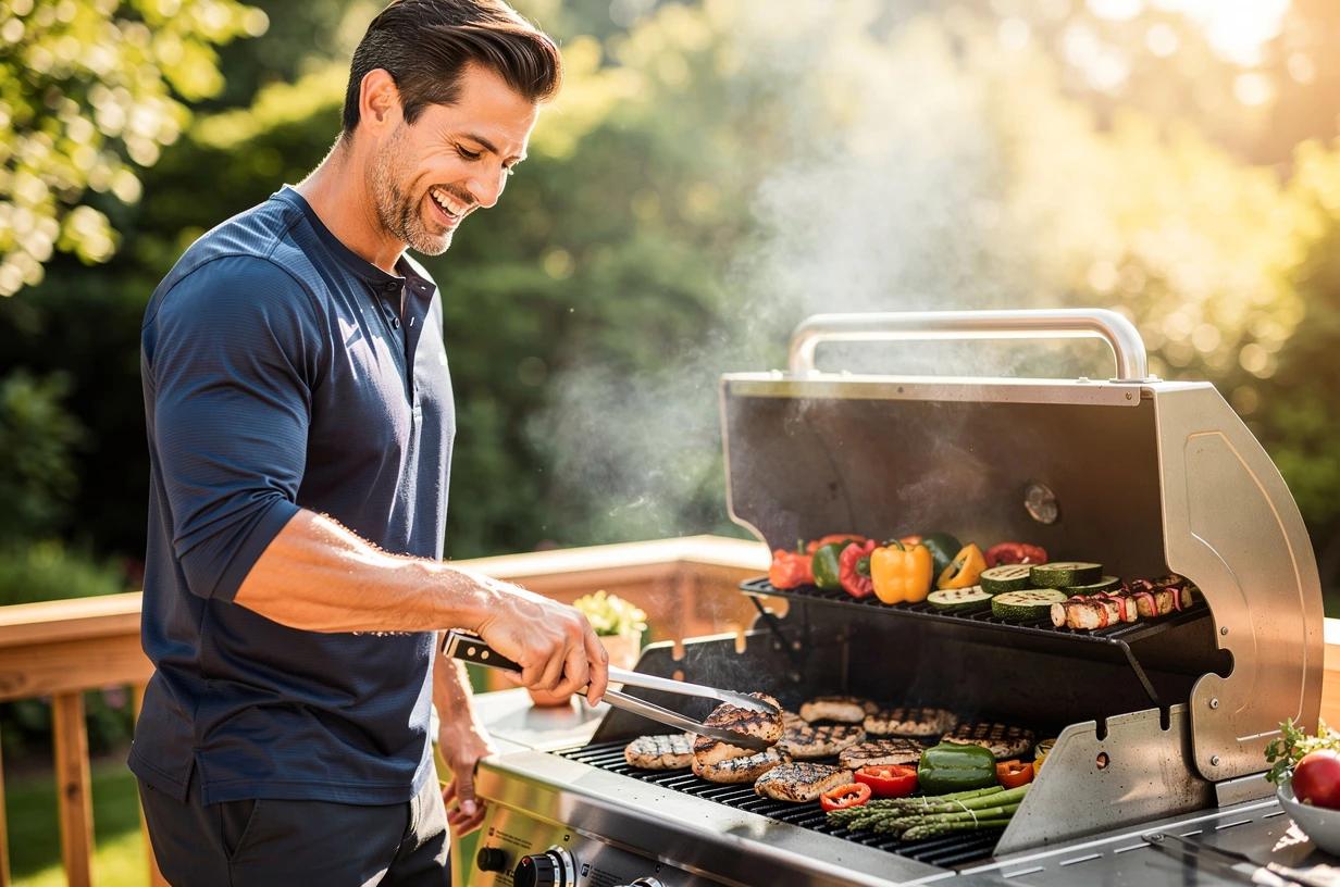 A happy man in his mid-thirties grills lean protein on a backyard deck in bright afternoon sun, laughing as he flips chicken on the grate with tongs.
