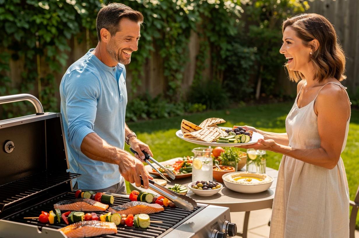 A lean, energetic man in his early 40s grills salmon and vegetables on a backyard grill on a bright weekend afternoon, smiling as his wife hands him a plate.