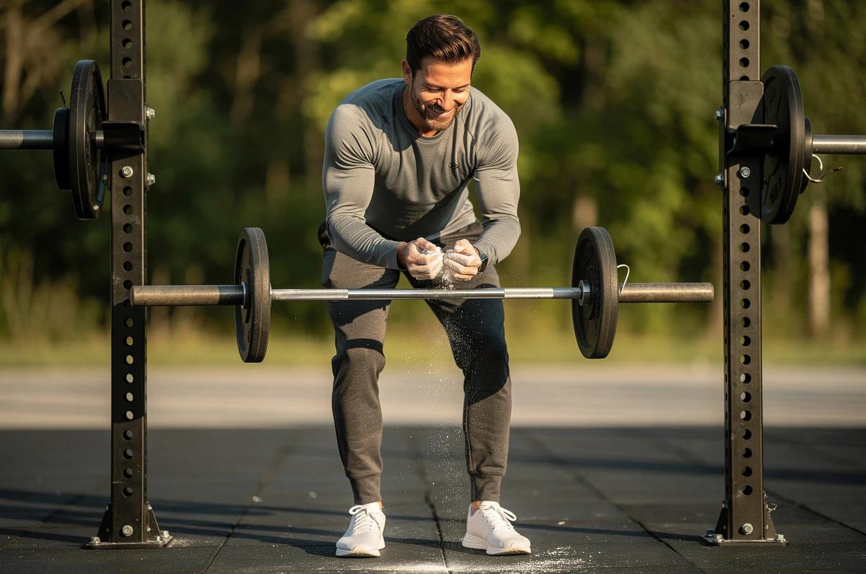 A fit man in his early 40s grins while loading a barbell at an outdoor weight rack, sunlight catching the plates as he chalks his hands before a lift.