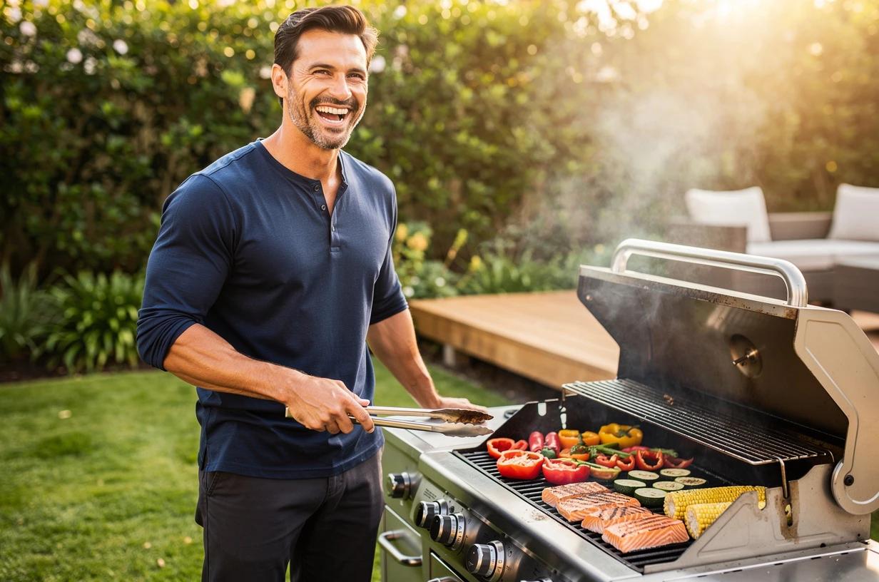 A fit man in his mid-30s laughing while grilling colorful vegetables and lean protein at an outdoor backyard barbecue on a bright afternoon.