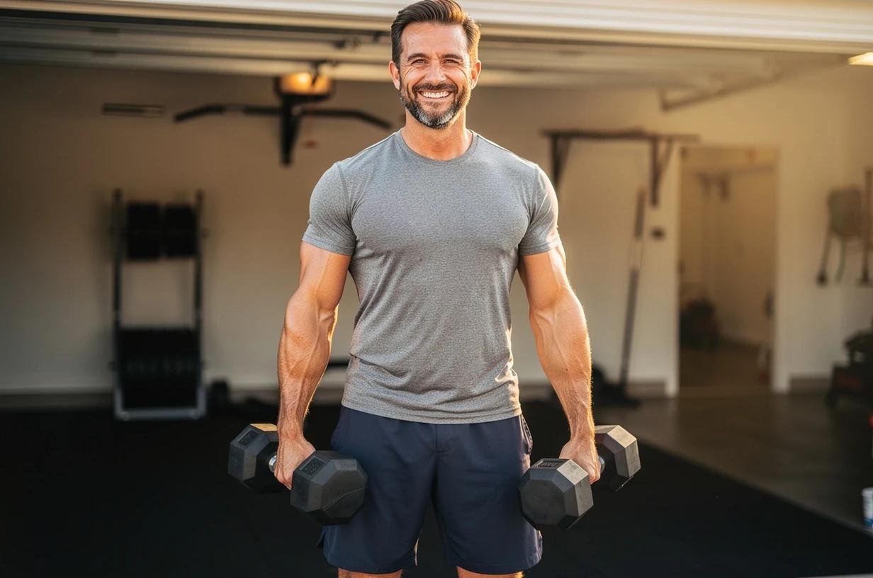 A happy, energetic man in his mid-40s lifts free weights in a bright garage gym, grinning after finishing a set, wearing a simple t-shirt and athletic shorts.