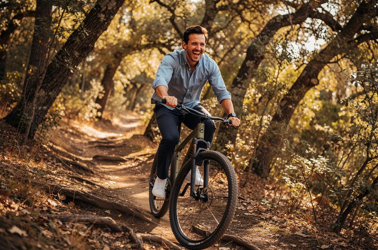 A happy man in his early 40s powers up a steep wooded trail on a mountain bike, grinning as dappled sunlight filters through the trees around him.