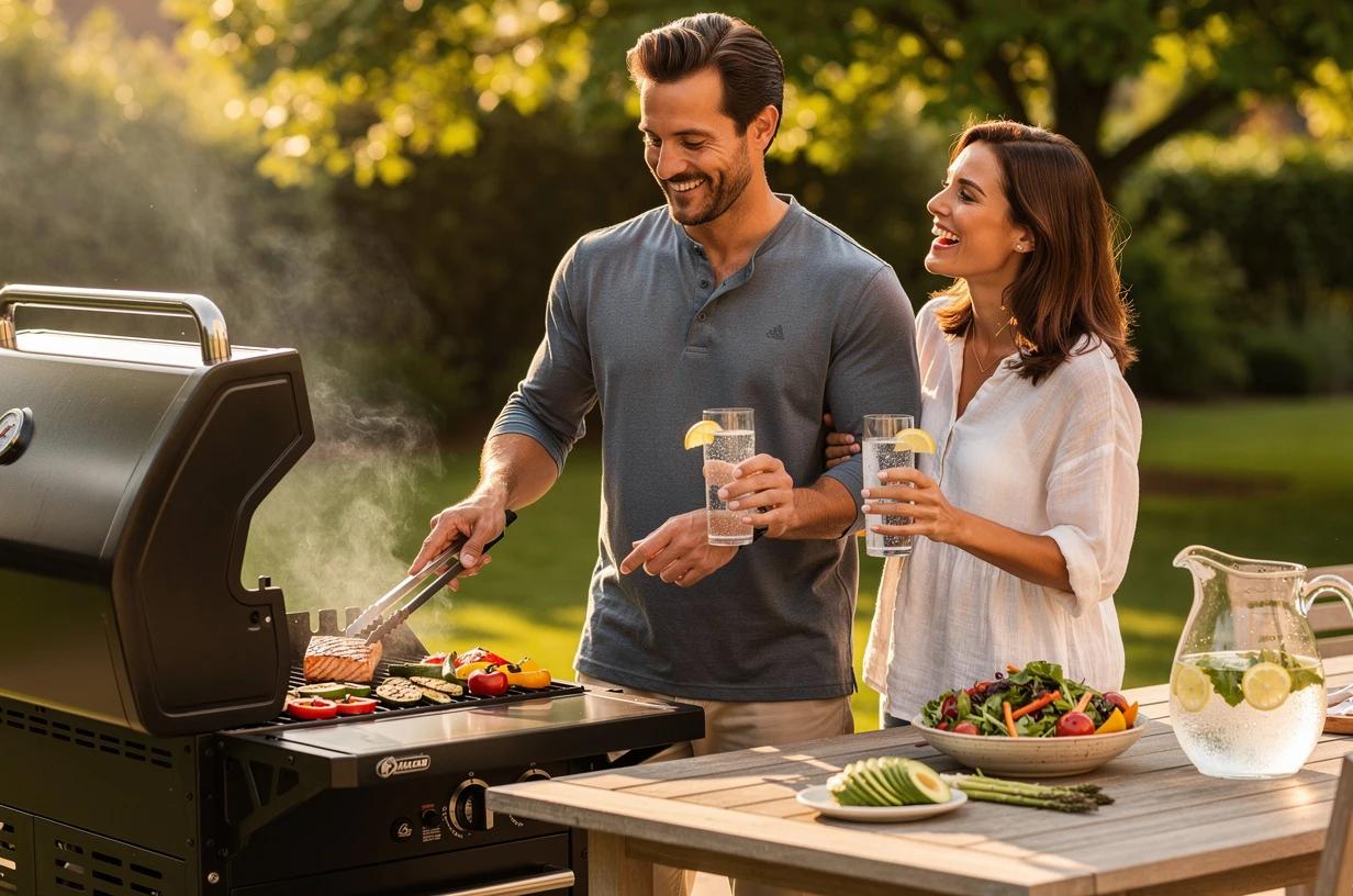 A fit man in his mid-30s grills salmon and vegetables at an outdoor barbecue while laughing with a woman beside him, both holding glasses of sparkling water.