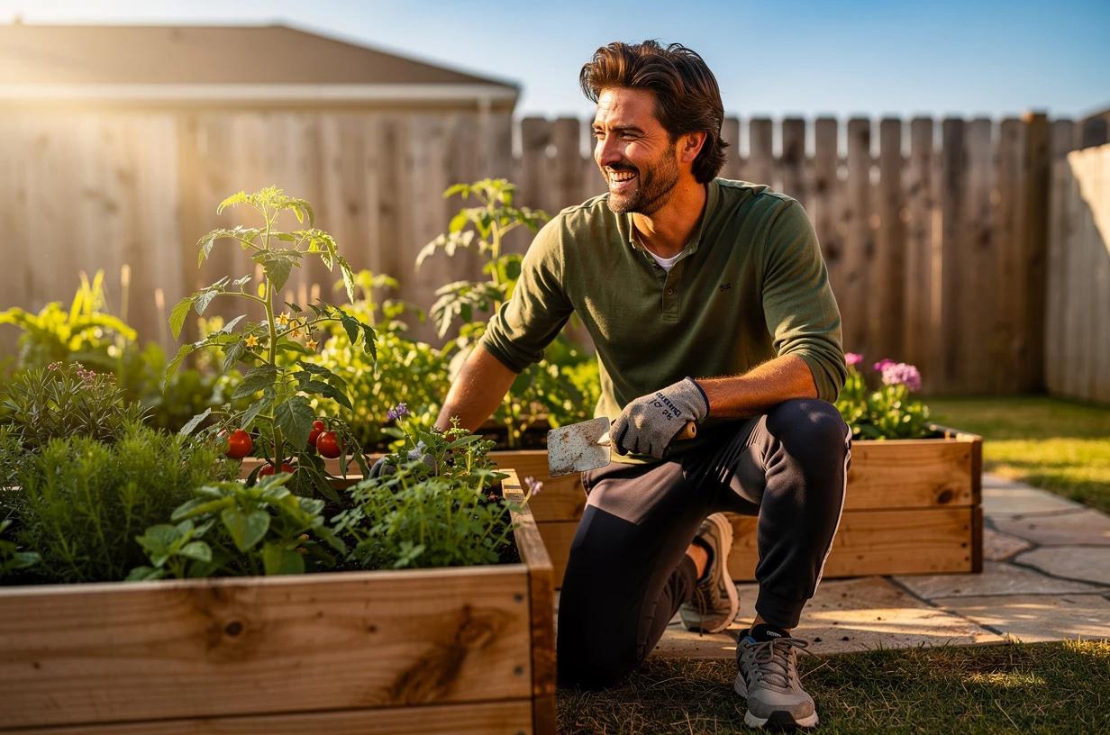 A man in his late 30s laughing at a backyard vegetable garden, kneeling next to raised beds with a trowel in hand on a bright Saturday morning.