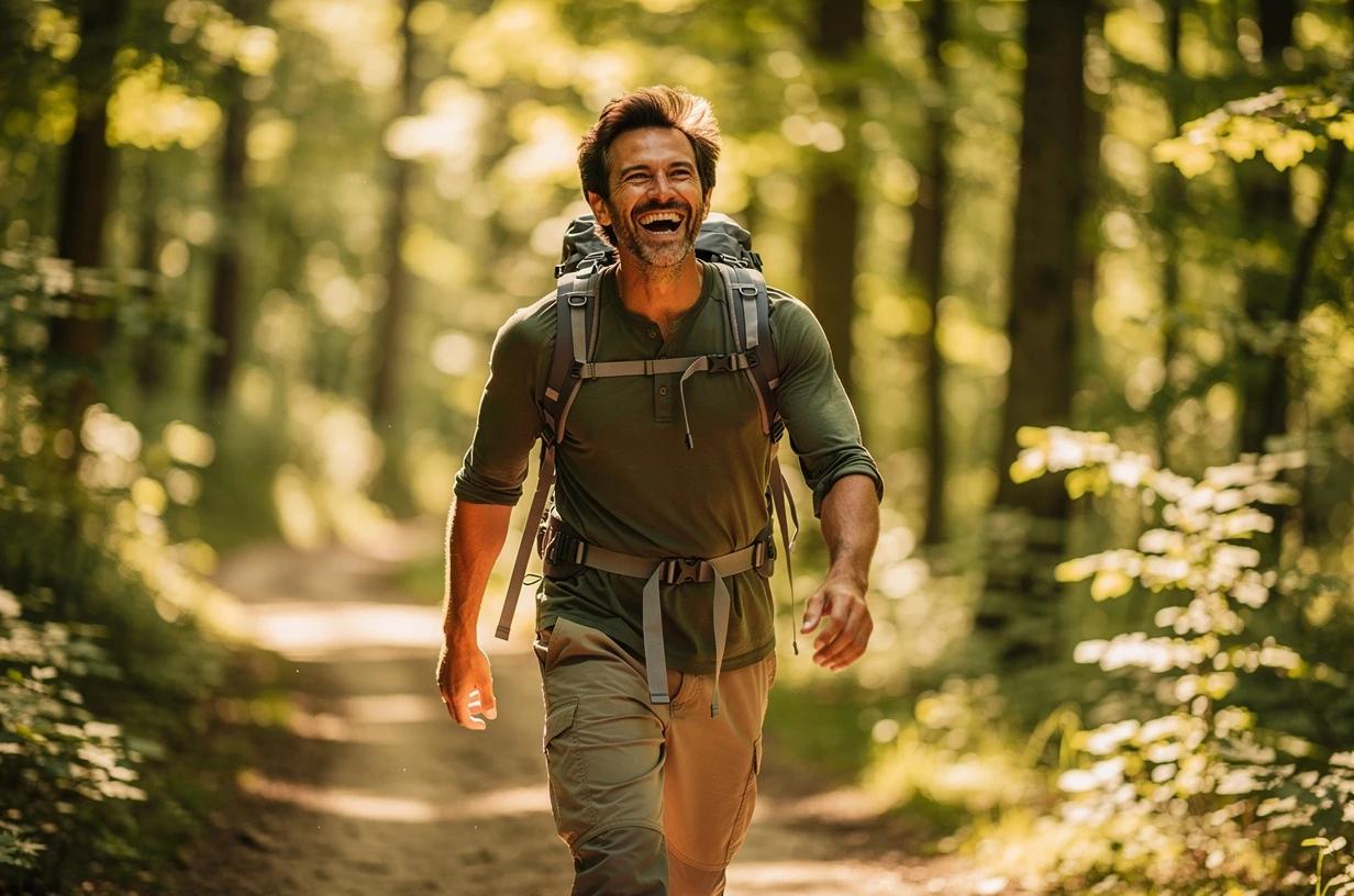A energetic man in his early 40s laughing mid-stride on a sun-drenched hiking trail, pack on his back, trees in full leaf behind him.