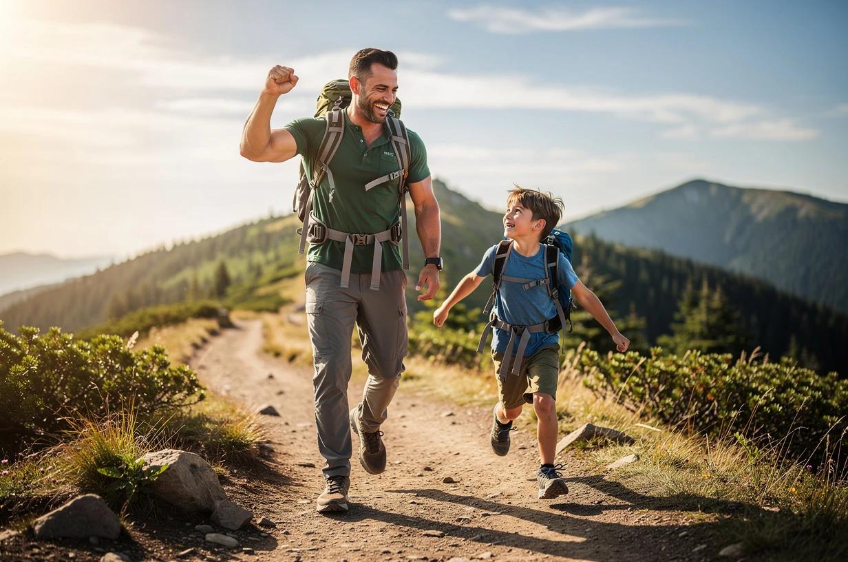 A man in his mid-30s and his young son cheer together while hiking a sun-drenched trail, backpacks on, mid-stride on an open ridge.