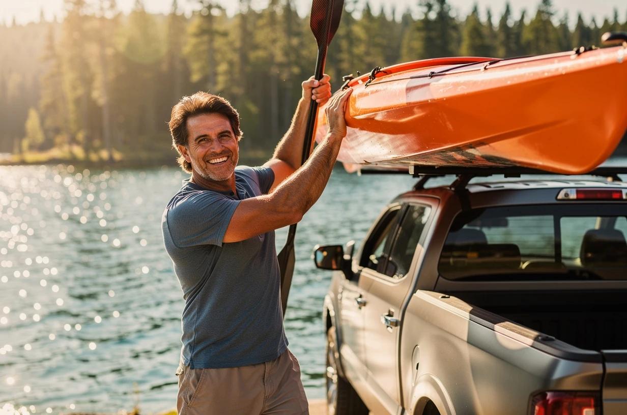 A fit man in his early forties grins while loading a kayak onto the roof of his truck at a sunny lake put-in, his paddle already in hand.