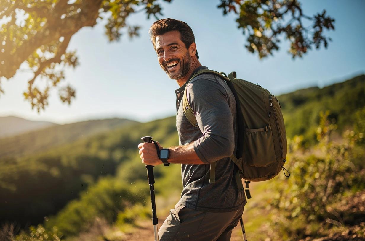 A cheerful man in his early 40s laughing mid-stride on a sun-lit trail hike, wearing a light backpack with green hills stretching behind him.