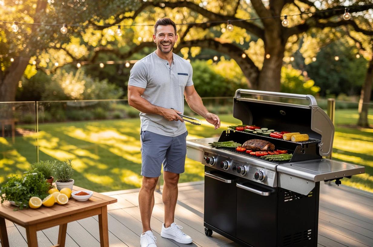 A fit man in his early 40s laughs while grilling vegetables and turkey on a backyard deck, tongs in hand, afternoon sun behind him.