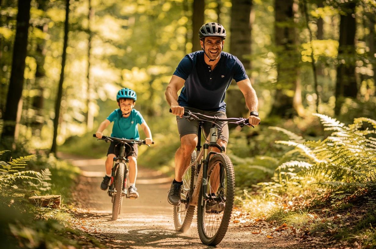 A cheerful man in his mid-30s mountain-bikes down a forested trail with his young son riding alongside, both laughing as sunlight filters through the trees.