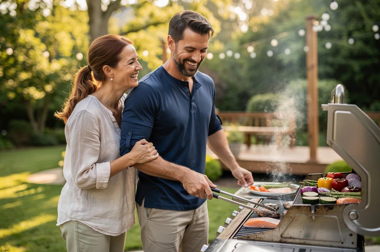 A fit man in his mid-40s grilling outdoors at a backyard cookout with his wife beside him, both smiling as smoke rises from the grill on a clear afternoon.
