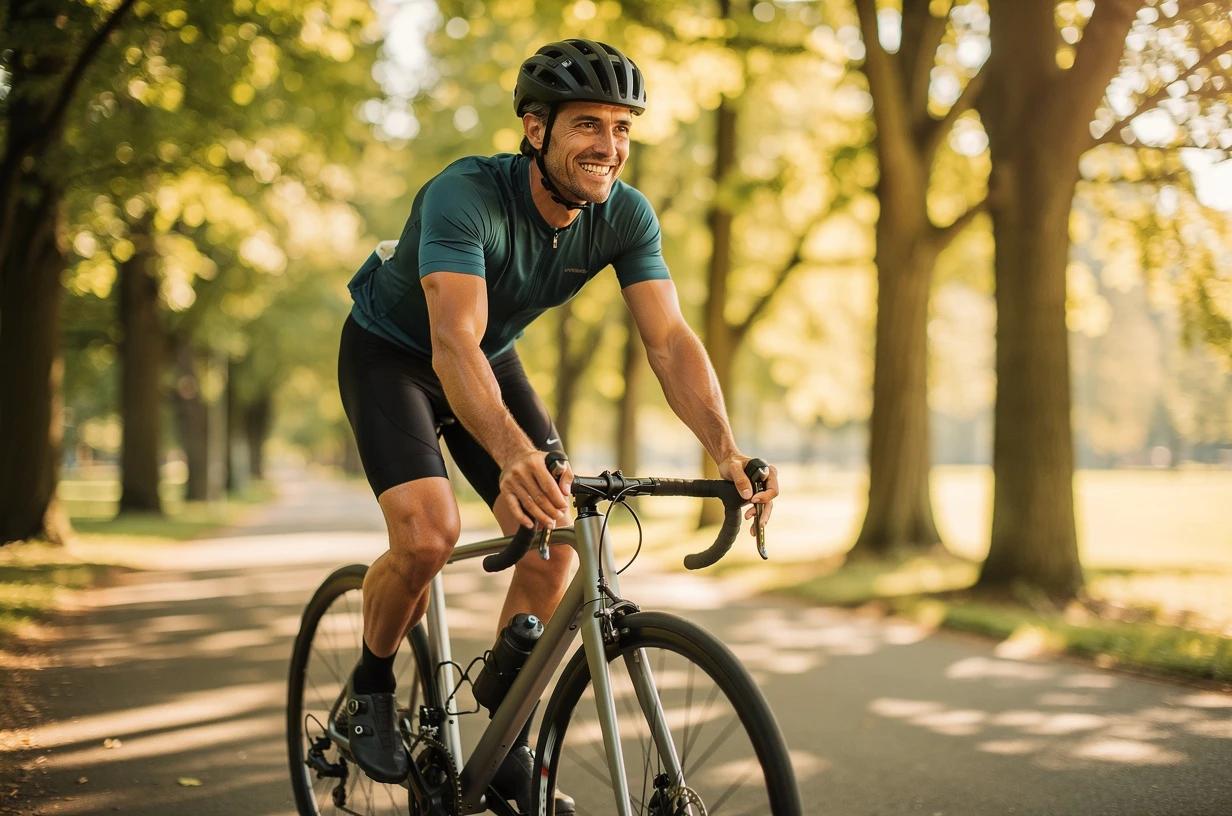 A fit man in his mid-30s cycling through a tree-lined park trail, grinning as he pedals with energy on a clear morning.