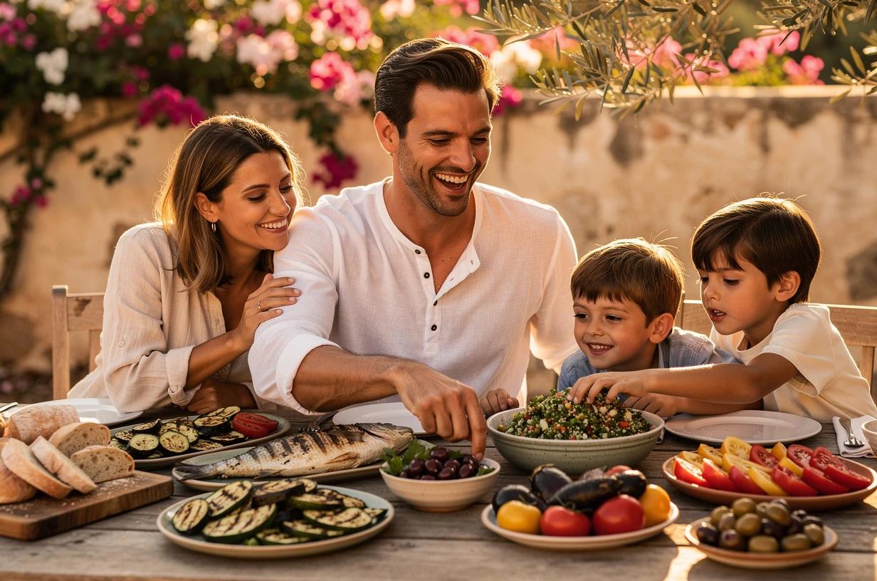 A fit man in his mid-30s laughing at an outdoor table with family, reaching for a colorful Mediterranean-style meal of grilled vegetables, fish, and fresh salad.