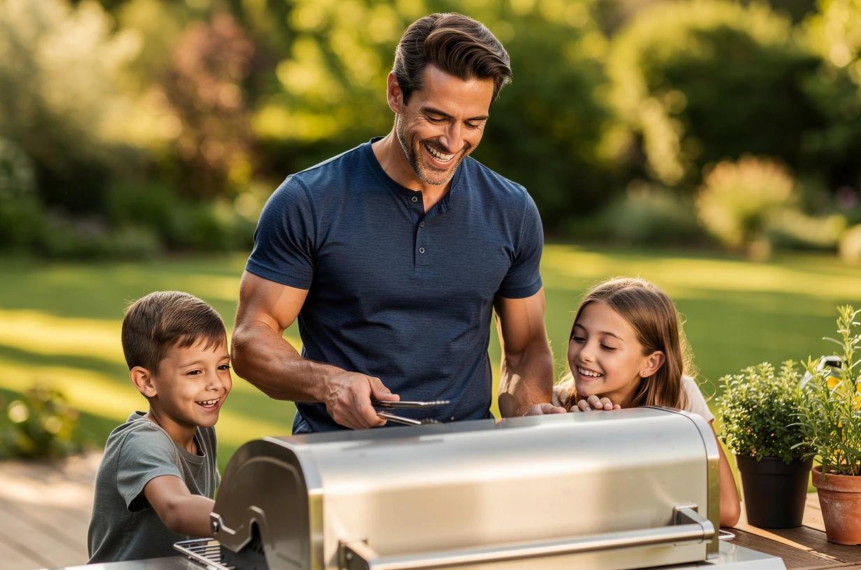 A man around 40 grilling with his family in a backyard on a bright afternoon, laughing with two kids beside him.