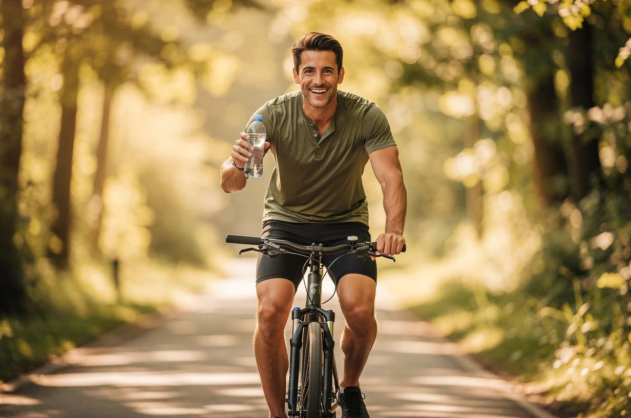 A fit man in his mid-30s cycles along a tree-lined trail on a sunny morning, riding confidently with a water bottle in hand.