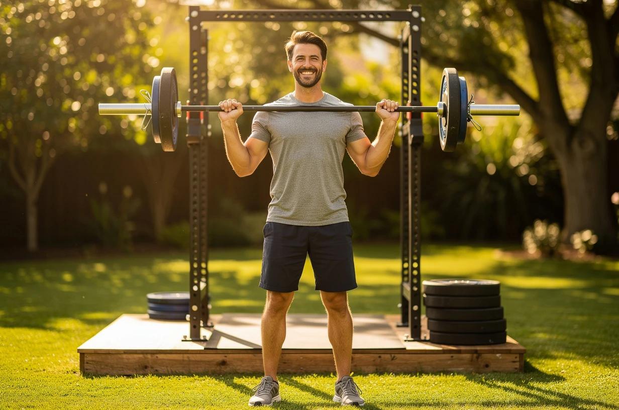 A happy, energetic man in his mid-40s grins after completing a set of barbell squats in a sunlit backyard weight area, wearing a plain t-shirt and athletic shorts.