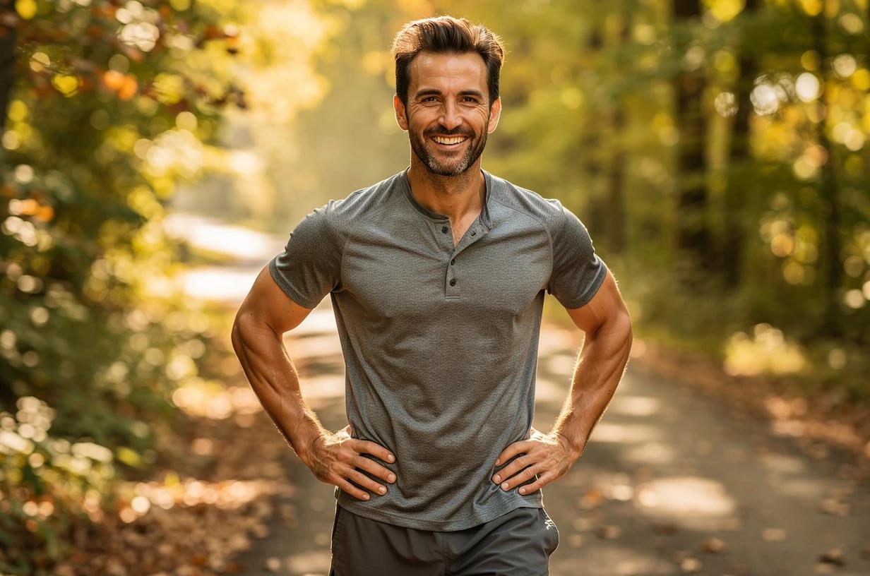 A happy man in his early 40s, grinning after a morning run along a tree-lined trail, hands on hips, catching his breath in bright daylight.