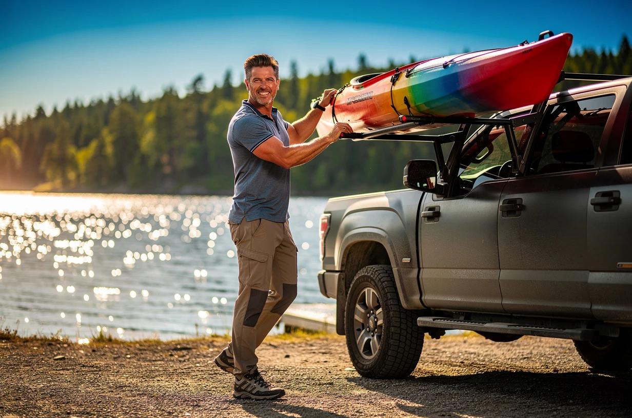 A fit man in his early 40s grins while loading a kayak onto the roof of his truck at the edge of a sun-lit lake, ready for a morning on the water.